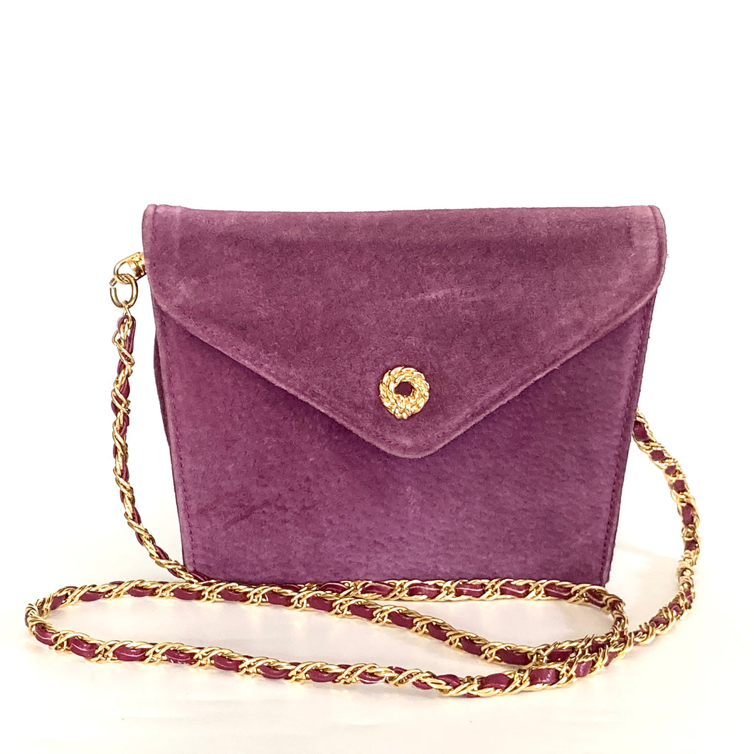 RESERVED Vintage 80s Dainty Purple/Magenta Suede Shoulder / Clutch Bag With Optional Long Gilt/Suede Chain Tula Hudson's Wolverhampton-Vintage Handbag, Clutch Bag-Brand Spanking Vintage