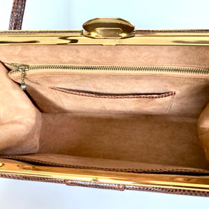 Vintage 60s Milk Chocolate Brown Lizard Skin Classic Twin Handle Handbag with Matching Coin Purse-Vintage Handbag, Exotic Skins-Brand Spanking Vintage