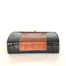 Load image into Gallery viewer, Vintage Small Snakeskin Clutch Bag with Fold In Chain Handle in Black/Rust Brown Made in England-Vintage Handbag, Clutch bags-Brand Spanking Vintage
