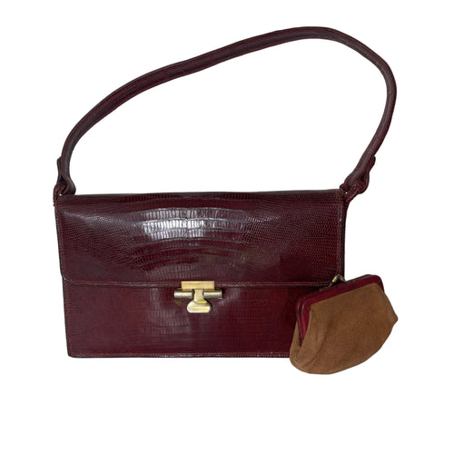 Vintage 60s/70s Burgundy Red Lizard Skin Classic Shoulder Bag'Purse Made in Argentina-Vintage Handbag, Exotic Skins-Brand Spanking Vintage