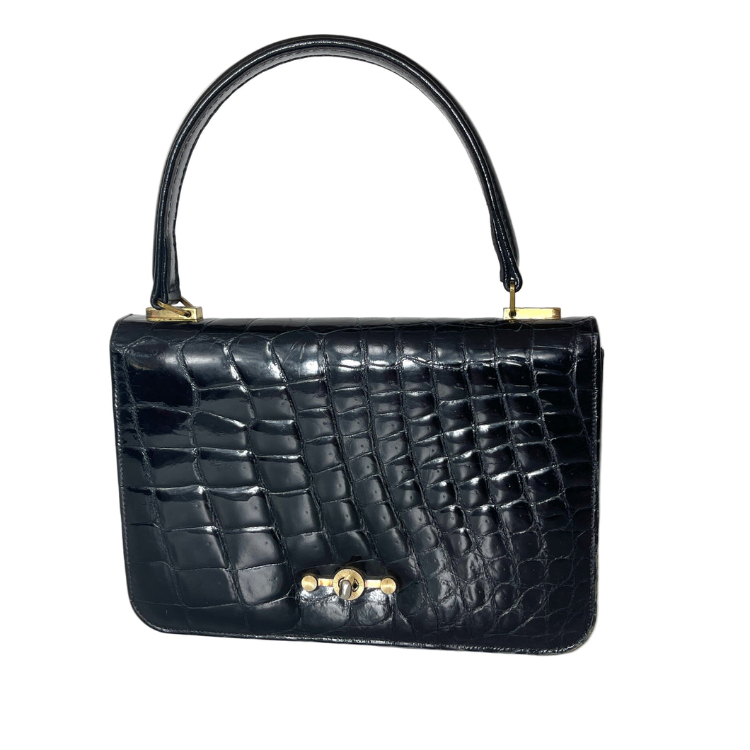 Vintage 50s Dainty Black Crocodile Skin ClassicJackie O Bag Gilt Clasp-Vintage Handbag, Exotic Skins-Brand Spanking Vintage