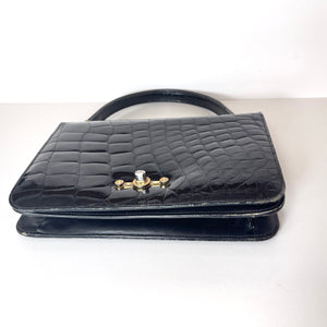 Vintage 50s Dainty Black Crocodile Skin ClassicJackie O Bag Gilt Clasp-Vintage Handbag, Exotic Skins-Brand Spanking Vintage