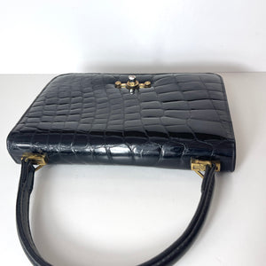 Vintage 50s Dainty Black Crocodile Skin ClassicJackie O Bag Gilt Clasp-Vintage Handbag, Exotic Skins-Brand Spanking Vintage