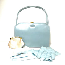 Load image into Gallery viewer, Vintage 50s Rayne Ice Blue Leather Twin Handle Handbag, Silk Coin Purse/Leather Gloves-Vintage Handbag, Top Handle Bag-Brand Spanking Vintage
