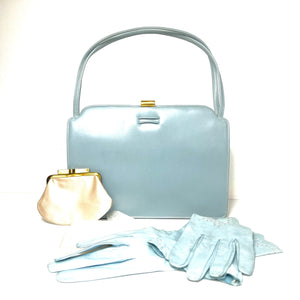 Vintage 50s Rayne Ice Blue Leather Twin Handle Handbag, Silk Coin Purse/Leather Gloves-Vintage Handbag, Top Handle Bag-Brand Spanking Vintage