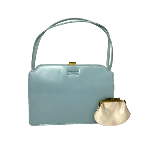 Vintage 50s Rayne Ice Blue Leather Twin Handle Handbag, Silk Coin Purse/Leather Gloves-Vintage Handbag, Top Handle Bag-Brand Spanking Vintage