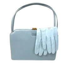 Load image into Gallery viewer, Vintage 50s Rayne Ice Blue Leather Twin Handle Handbag, Silk Coin Purse/Leather Gloves-Vintage Handbag, Top Handle Bag-Brand Spanking Vintage
