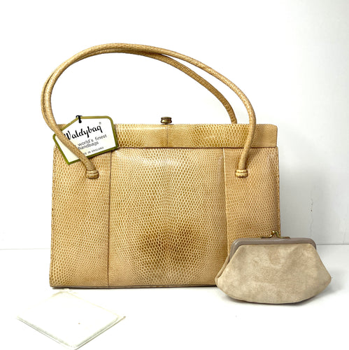 Vintage 50s Creamy Beige Lizard Skin Classic Handbag with Matching Purse by Waldybag-Vintage Handbag, Exotic Skins-Brand Spanking Vintage