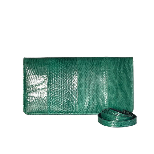 Vintage 70s Emerald Green Snakeskin Clutch Bag w/Shoulder Strap-Vintage Handbag, Exotic Skins-Brand Spanking Vintage