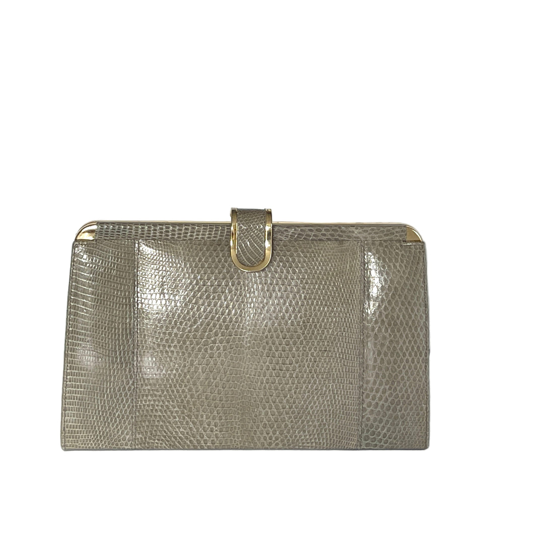 Vintage Dainty Green Grey Lizard Skin Clutch Bag Fold Out Gilt Chain Made In England