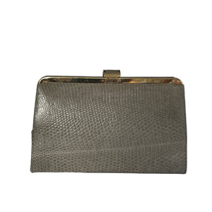 Vintage Dainty Green Grey Lizard Skin Clutch Bag Fold Out Gilt Chain Made In England