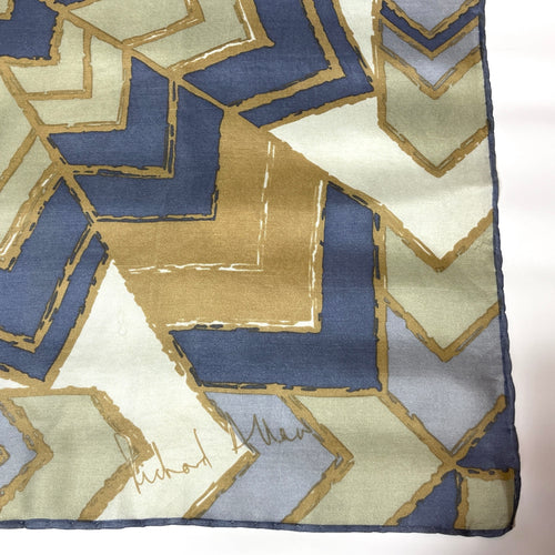 Vintage Collectable Silk Scarf By Richard Allan In Geometric Design Blues/Cream/Gold-Scarves-Brand Spanking Vintage