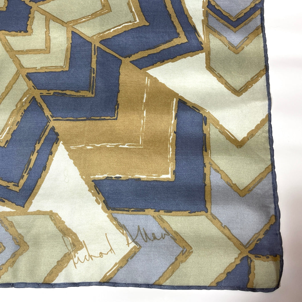 Vintage Collectable Silk Scarf By Richard Allan In Geometric Design Blues/Cream/Gold-Scarves-Brand Spanking Vintage