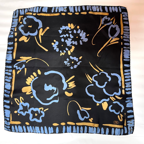 Vintage Liberty of London Silk Scarf Floral Graffiti Design in Black Blue and Gold-Scarves-Brand Spanking Vintage