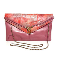 Load image into Gallery viewer, Vintage 80s Pink/Grey/Red Slim Leather and Snakeskin Clutch Bag w/Gilt Chain-Vintage Handbag, Clutch Bag-Brand Spanking Vintage
