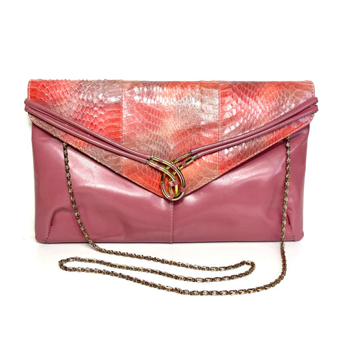 Vintage 80s Pink/Grey/Red Slim Leather and Snakeskin Clutch Bag w/Gilt Chain-Vintage Handbag, Clutch Bag-Brand Spanking Vintage