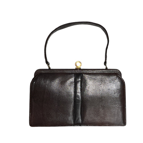 Vintage 50s Classic Large Mappin And Webb Dark Chocolate Brown Lizard Skin Handag-Vintage Handbag, Exotic Skins-Brand Spanking Vintage
