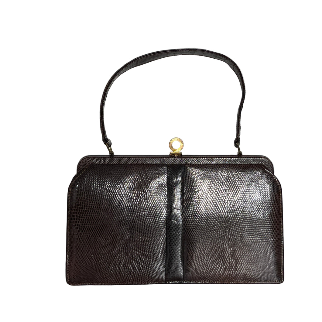 Vintage 50s Classic Large Mappin And Webb Dark Chocolate Brown Lizard Skin Handag-Vintage Handbag, Exotic Skins-Brand Spanking Vintage