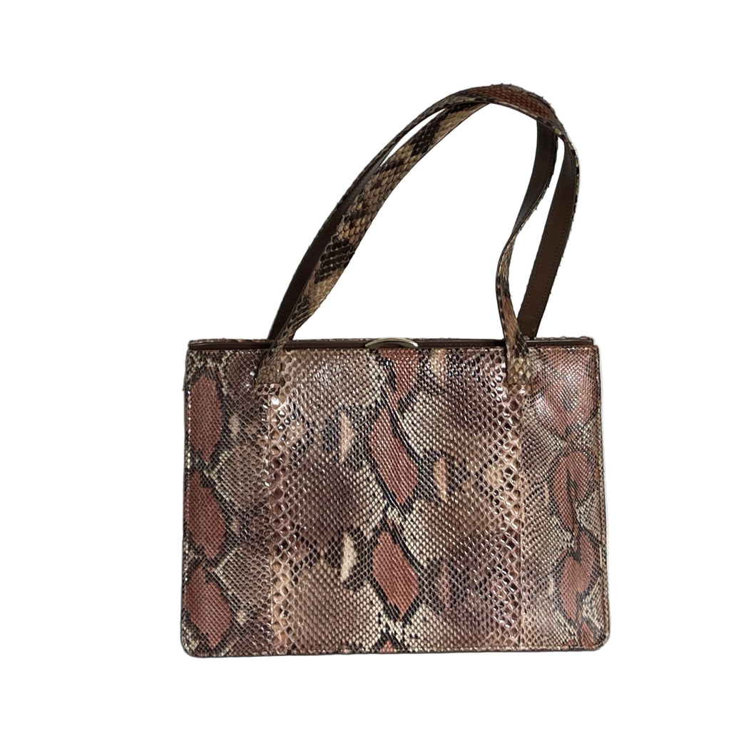 Vintage 70s Ackery Python Snakeskin And Leather Handbag Taupe, Rust-Vintage Handbag, Exotic Skins-Brand Spanking Vintage