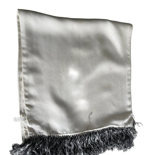 Vintage 50s/60s Gentleman's Silk Dress Scarf In White With Black/White Fringe-Accessories, For Him-Brand Spanking Vintage