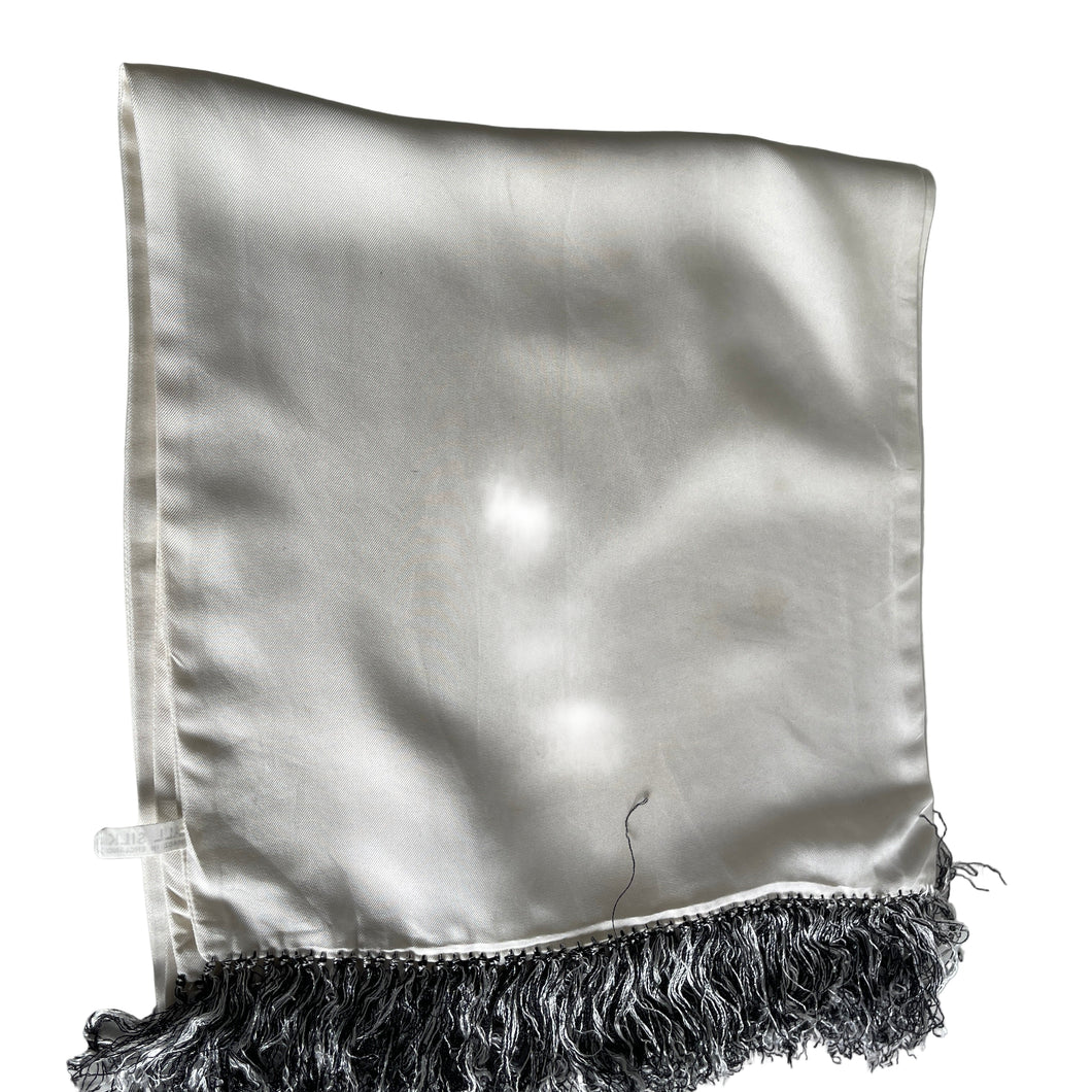 Vintage 50s/60s Gentleman's Silk Dress Scarf In White With Black/White Fringe-Accessories, For Him-Brand Spanking Vintage