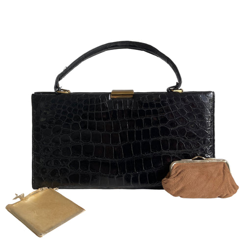 Vintage 60s/70s Large Glossy Black Alligator Skin Handbag w/Coin Purse-Vintage Handbag, Exotic Skins-Brand Spanking Vintage