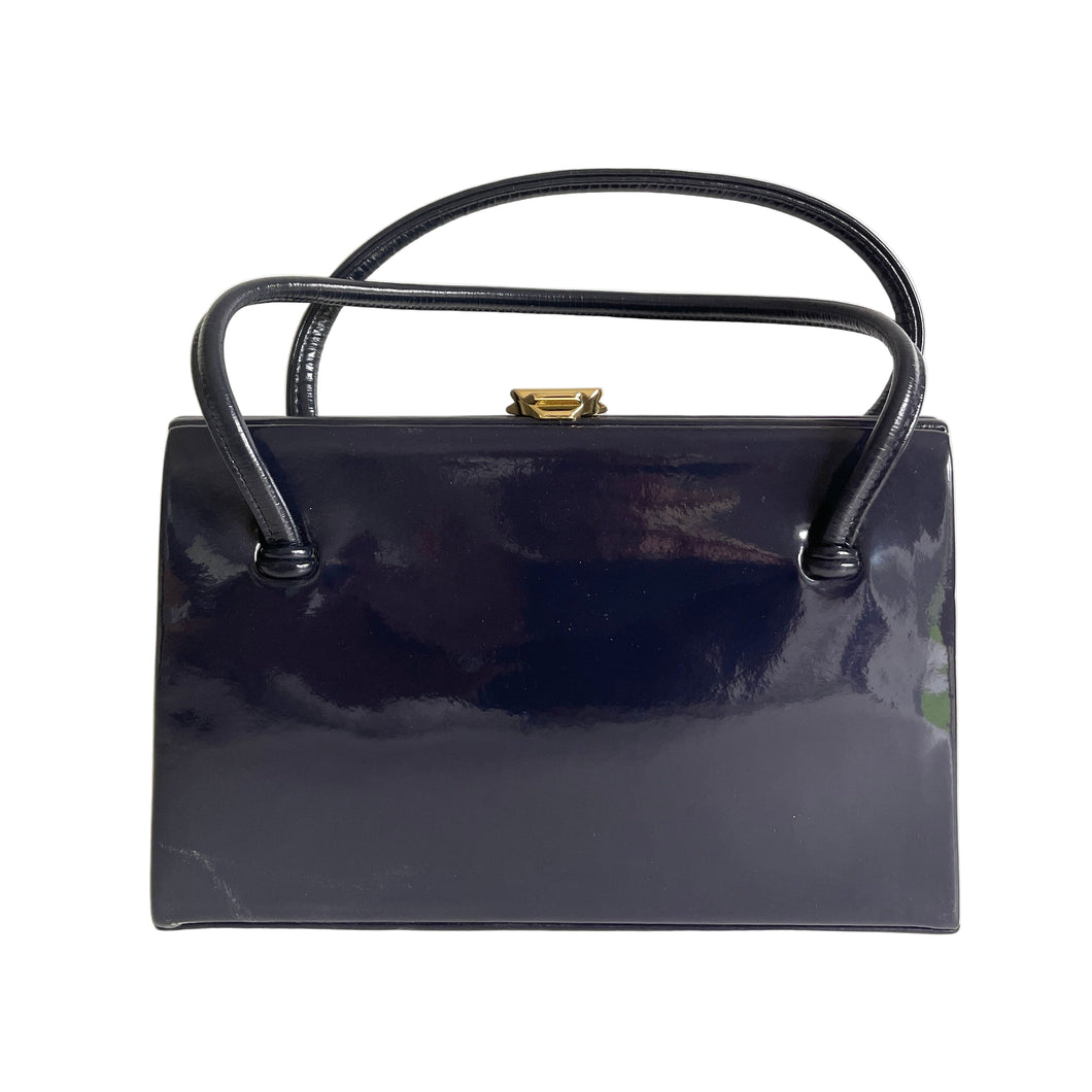 Vintage 60s/70s Royal Blue Navy Patent Leather Top Handle Bag Waldybag-Vintage Handbag, Top Handle Bag-Brand Spanking Vintage