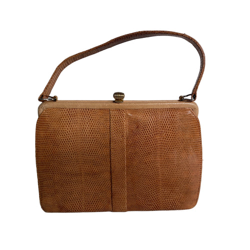 Vintage 70s Classic Caramel Tan Lizard Skin Handbag By Mappin & Webb-Vintage Handbag, Exotic Skins-Brand Spanking Vintage