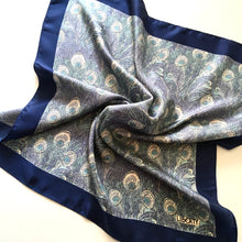 Load image into Gallery viewer, Vintage Liberty of London Silk Scarf in Iconic &#39;Hera&#39; Peacock Feather Design in Royal Blue, Silver Grey, Turquoise-Scarves-Brand Spanking Vintage
