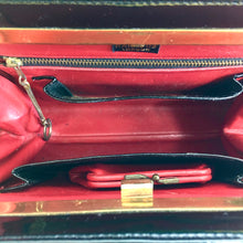 Load image into Gallery viewer, Vintage 60s/70s Harrods Black Patent Leather Bag with &#39;Belt Buckle&#39; Clasp Red Leather Lining and Coin Purse-Vintage Handbag, Kelly Bag-Brand Spanking Vintage
