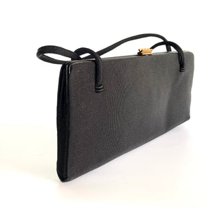 Vintage 50s/60s Wide Slim Black Grosgrain Waldybag with Fuchsia Silk Lining/ Silk Coin Purse Made in England-Vintage Handbag, Top Handle bag-Brand Spanking Vintage