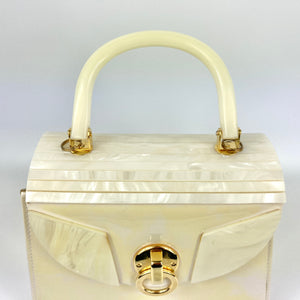 Vintage 80s Cream Faux Leather and Lucite Jackie O Style Handbag w/ Shoulder Strap-Vintage Handbag, Kelly Bag-Brand Spanking Vintage