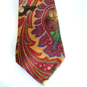 Vintage 80s Silk Tie by Harrods in Paisley and Grapes Design in Gold, red, Green and Brown Made in Italy-Accessories, For Him-Brand Spanking Vintage