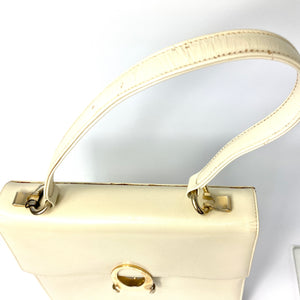 Vintage 60s/70s Jackie O Style Waldybag Top Handle Bag, in Buttermilk/Cream/Beige Leather/Patent Leather-Vintage Handbag, Kelly Bag-Brand Spanking Vintage