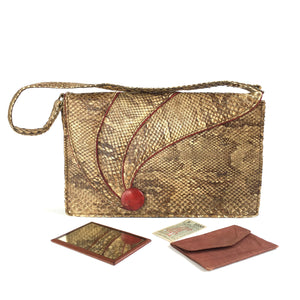 SOLD Vintage 30s 40s Snakeskin and Leather Handbag/Shoulder Bag with Feature Red Leather Button Clasp and Matching Purse/Mirror-Vintage Handbag, Exotic Skins-Brand Spanking Vintage