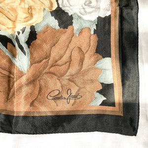Vintage 70s/80s Silk Scarf New w/Box in Rust Brown, Pale Gold, Silver Grey on Black by Cornelia James-Scarves-Brand Spanking Vintage