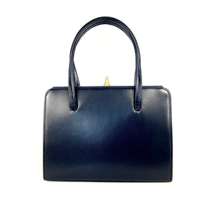 Vintage 50s/60s Classic Twin Handle Handbag with Exquisite Gilt Clasp in Navy Leather By Garfields of London-Vintage Handbag, Kelly Bag-Brand Spanking Vintage