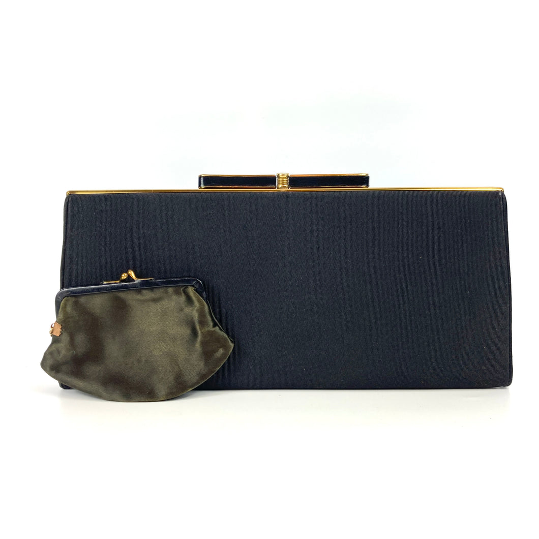 SOLD Vintage Elegant 40s/50s Black Grosgrain/Silk Clutch Waldybag Occasion/Evening Bag With Bow Clasp and Silk Purse-Vintage Handbag, Clutch Bag-Brand Spanking Vintage