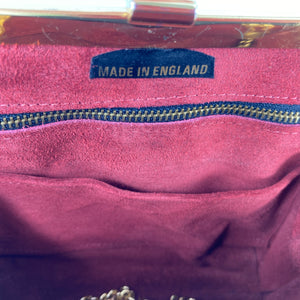 Vintage Dainty Black Genuine Ostrich Skin Clutch Bag w/ Fold Out Gilt/Ostrich Handle and Shoulder Chain Made In England-Vintage Handbag, Exotic Skins-Brand Spanking Vintage
