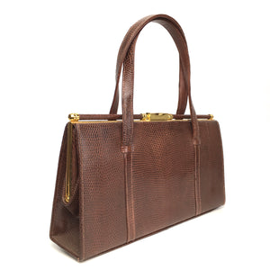 Vintage 50s Unused Chocolate Brown Lizard Skin Classic Top Handle Bag/Matching Coin Purse by Lightstone Hubbard-Vintage Handbag, Exotic Skins-Brand Spanking Vintage