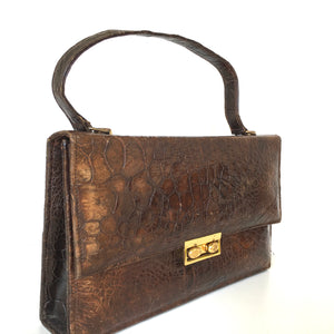 Vintage 50s/60s Leather Lined Satchel Style Turtle Skin Handbag In Excellent Condition-Vintage Handbag, Exotic Skins-Brand Spanking Vintage