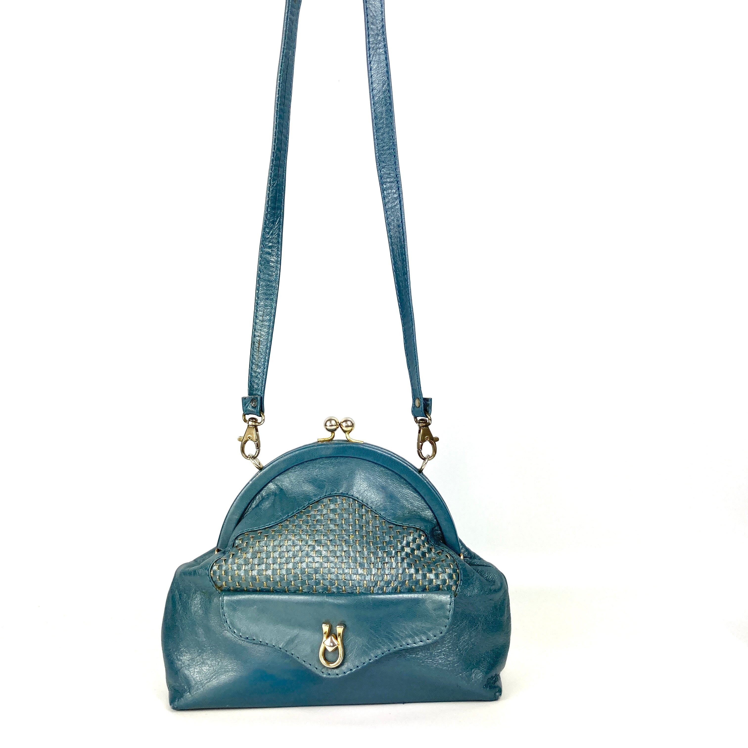 Vintage 60s70s Leather Dolly Bag In Pearlescent Turquoise Teal Green With Long Cross Body Strap