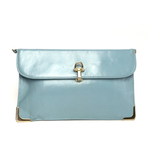 Vintage 70s Powder Blue Leather Clutch Bag with Gilt Clasp and Accents by Jane Shilton-Vintage Handbag, Clutch Bag-Brand Spanking Vintage