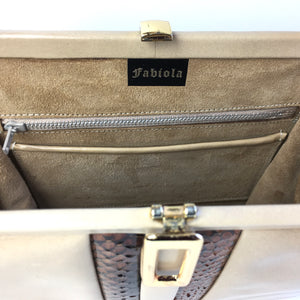 Vintage 50s Exquisite Patent Leather Bag in Caramel Taupe/ Rust Brown Snakeskin by Fabiola in Original Box Made In Italy-Vintage Handbag, Kelly Bag-Brand Spanking Vintage