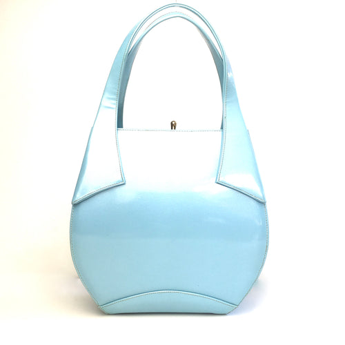 Vintage 60s Rare V Large Ice Blue Patent HandBag by Berné Made In California USA-Vintage Handbag, Kelly Bag-Brand Spanking Vintage