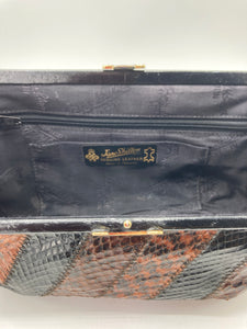 Vintage 70s Snakeskin Clutch Bag In Browns w/ Black Leather By Jane Shilton-Vintage Handbag, Exotic Skins-Brand Spanking Vintage