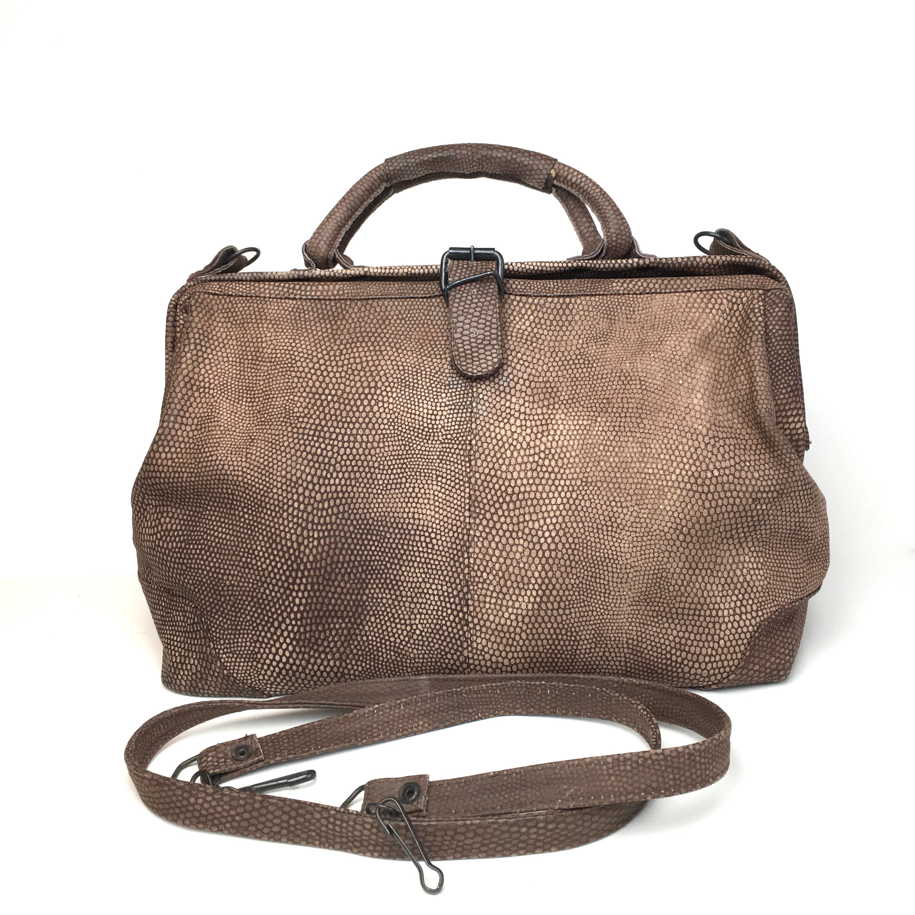 Vintage 80s Leather Faux Lizard Style Taupe Holdall/Overnight Bag/Carpet Bag Style Grip w/ Shoulder Strap Made in India