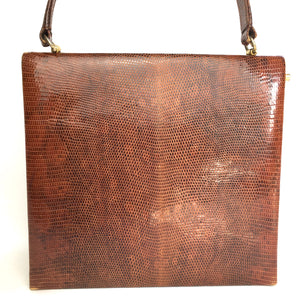 Vintage 50s Beautiful Golden Tan Monitor Lizard Skin Handbag, Top Handle Bag with Rare Side Opening Gilt Clasp-Vintage Handbag, Exotic Skins-Brand Spanking Vintage