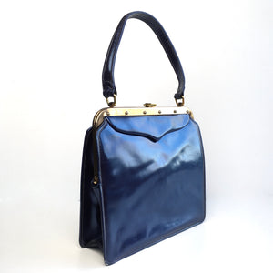 Vintage 50s Beautiful Midnight Blue Pearlescent Bag with Matching Purse by Lodix-Vintage Handbag, Kelly Bag-Brand Spanking Vintage