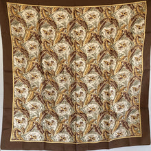 Load image into Gallery viewer, Liberty of London Silk Scarf in a Birds and Feathers Design of Ivory/Gold/Grey/Chocolate Brown Border Made in England-Scarves-Brand Spanking Vintage
